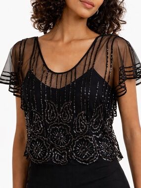 MM Couture Sheer Black Sequin Mesh Top Embroidered Floral Overlay Medium Evening